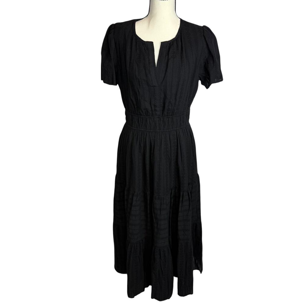 Black Midi Dress Size M Puff Sleeve Elastic Waist Casual Minimalist - Picture 2 of 7